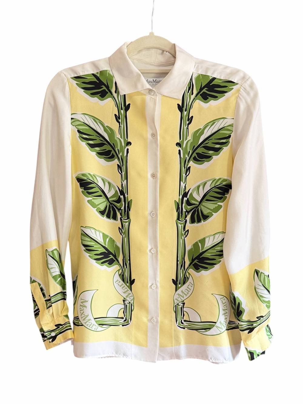 MAX MARA Palm Print Silk Top Button Down Shirt 6